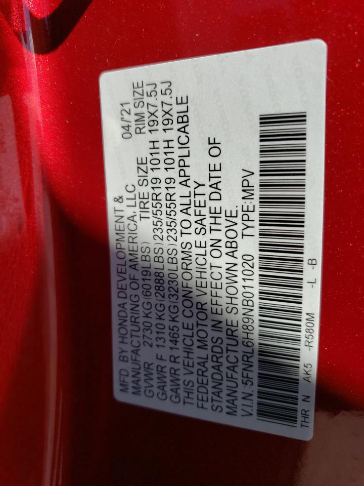 2022 HONDA ODYSSEY TOURING VIN:5FNRL6H89NB011020