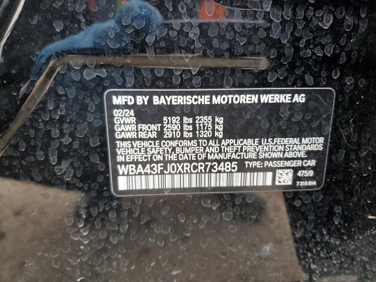 2024 BMW 530 I VIN:WBA43FJ0XRCR73485