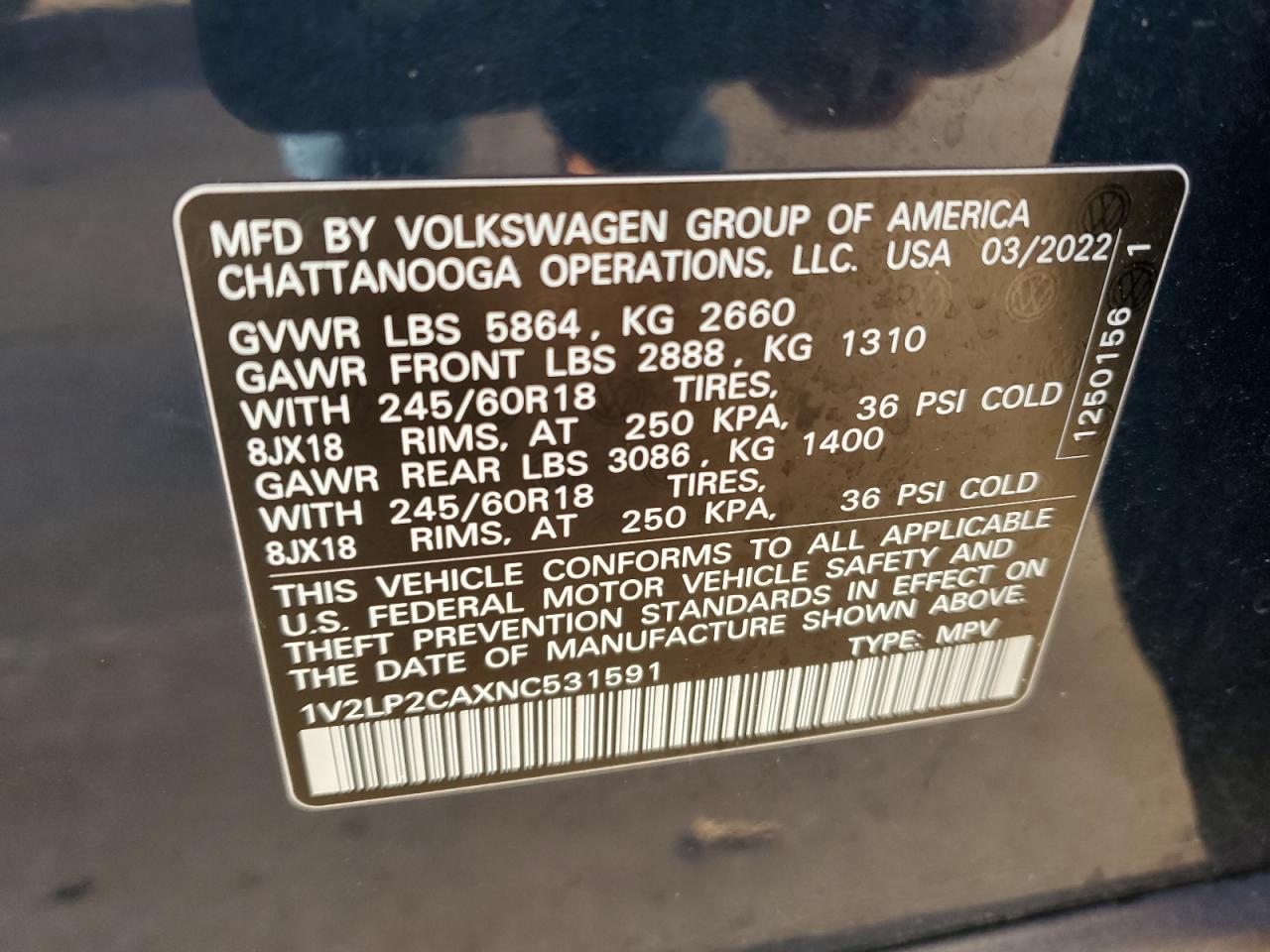 2022 VOLKSWAGEN ATLAS SE VIN:1V2LP2CAXNC531591