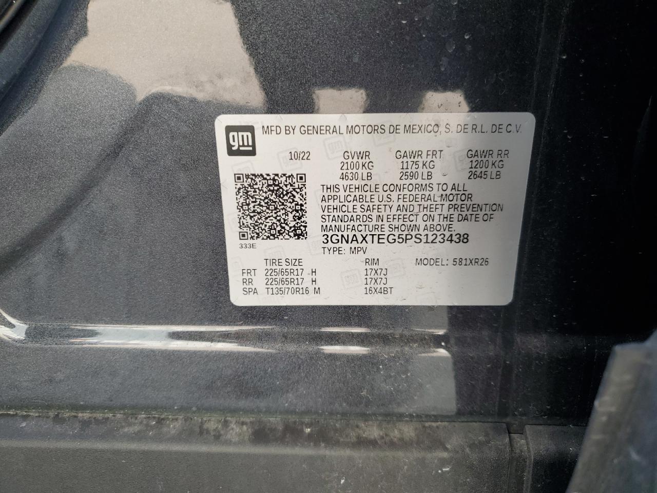 2023 CHEVROLET EQUINOX LT VIN:3GNAXTEG5PS123438