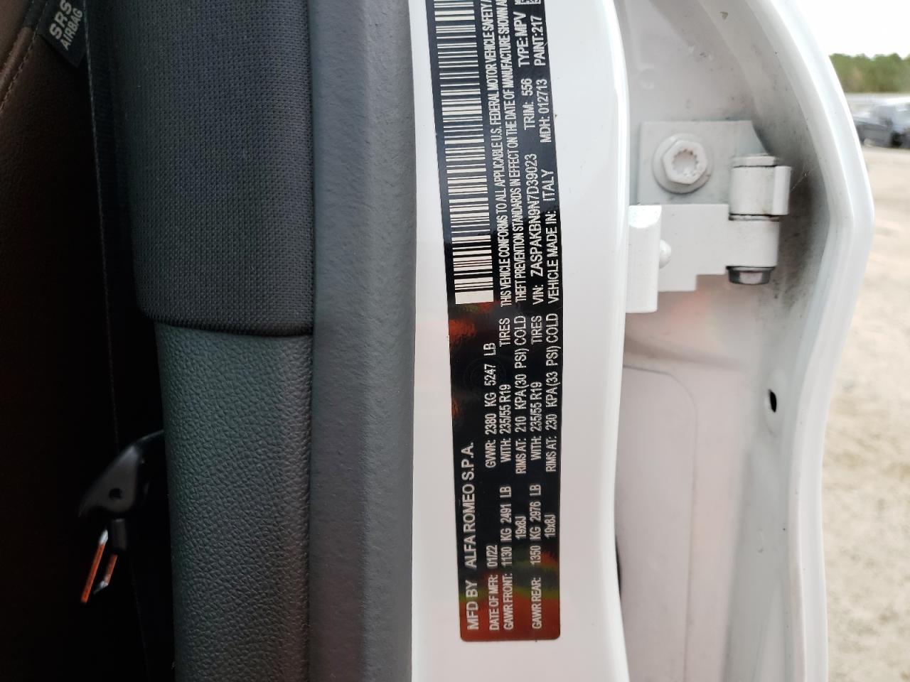 2022 ALFA ROMEO STELVIO TI VIN:ZASPAKBN9N7D39023