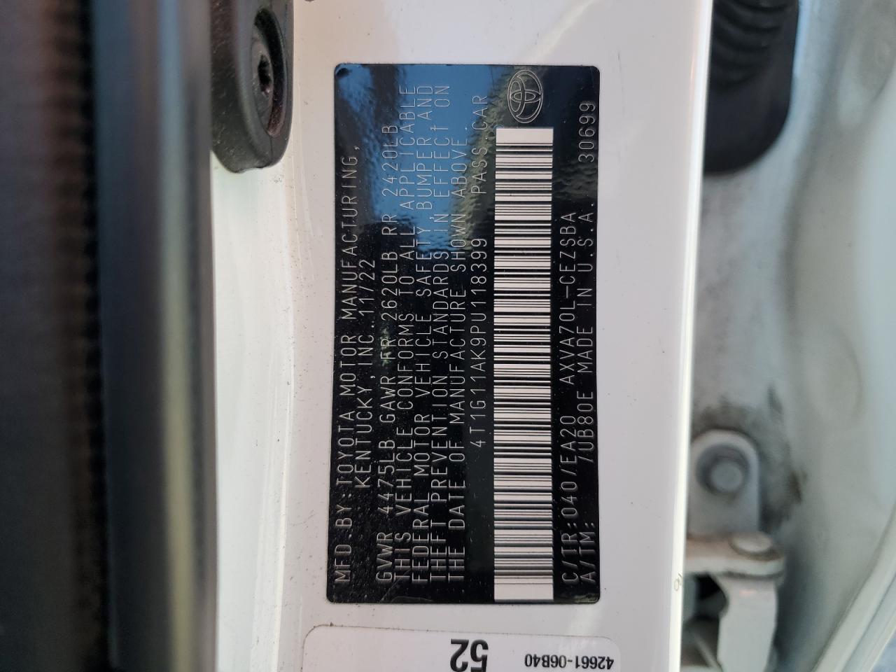 2023 TOYOTA CAMRY SE NIGHT SHADE VIN:4T1G11AK9PU118399