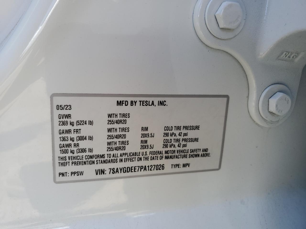 2023 TESLA MODEL Y VIN:7SAYGDEE7PA127026