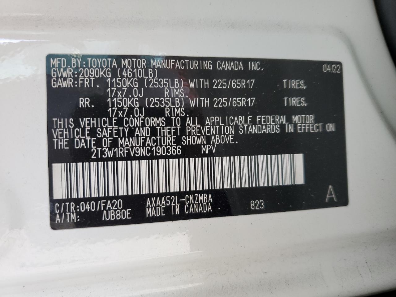 2022 TOYOTA RAV4 XLE VIN:2T3W1RFV9NC190366