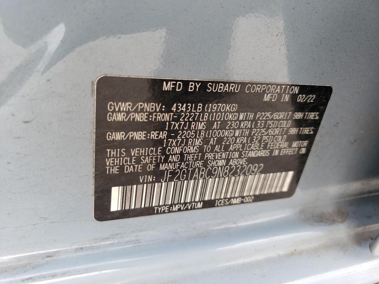 2022 SUBARU CROSSTREK VIN:JF2GTABC9N8232092