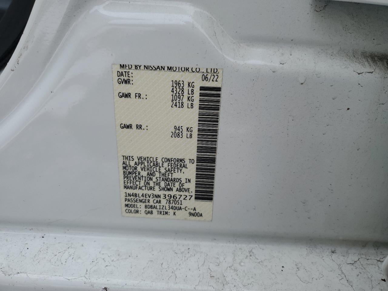 2022 NISSAN ALTIMA SL VIN:1N4BL4EV3NN396727