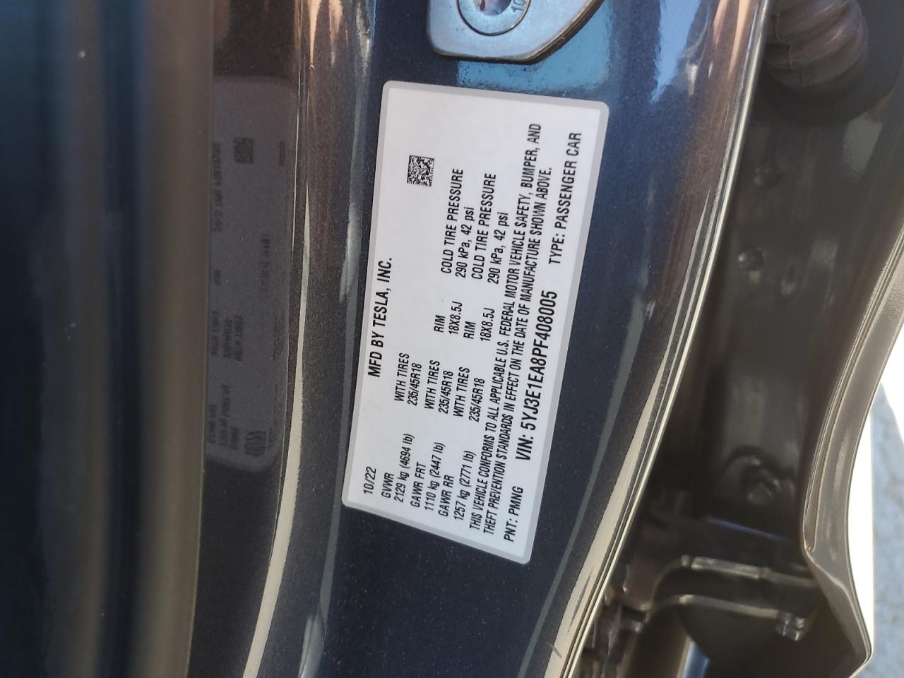 2023 TESLA MODEL 3 VIN:5YJ3E1EA8PF408005