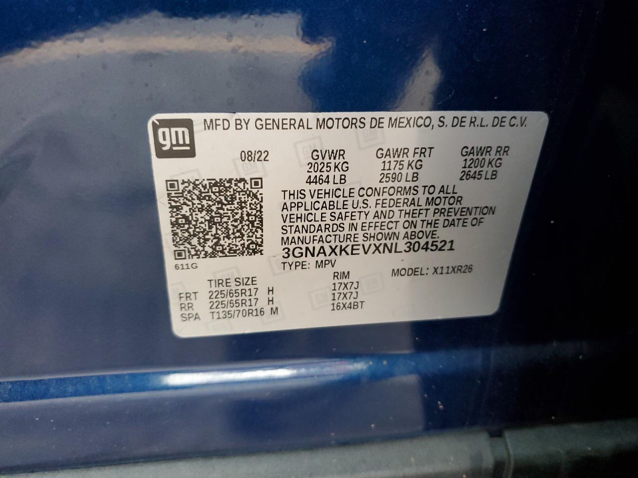 2022 CHEVROLET EQUINOX LT VIN:3GNAXKEVXNL304521