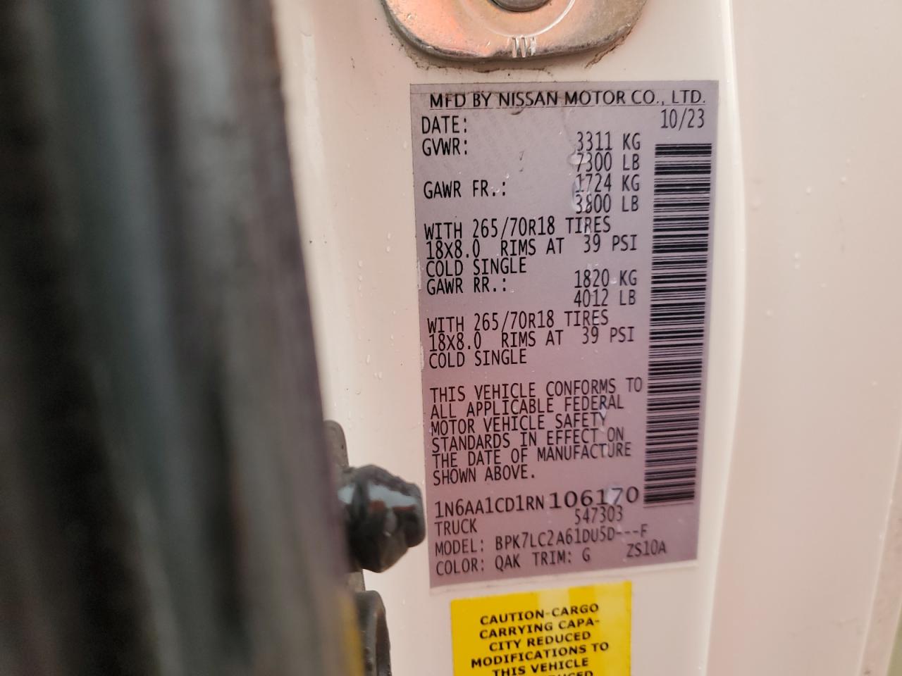 2024 NISSAN TITAN SV VIN:1N6AA1CD1RN106170