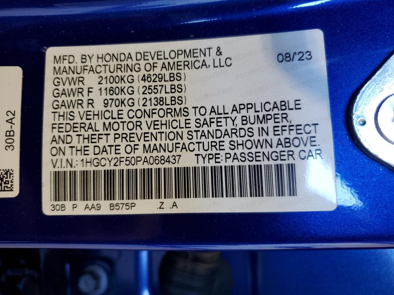 2023 HONDA ACCORD HYBRID SPORT VIN:1HGCY2F50PA068437