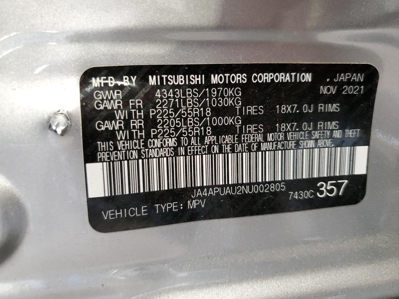 2022 MITSUBISHI OUTLANDER SPORT ES VIN:JA4APUAU2NU002805