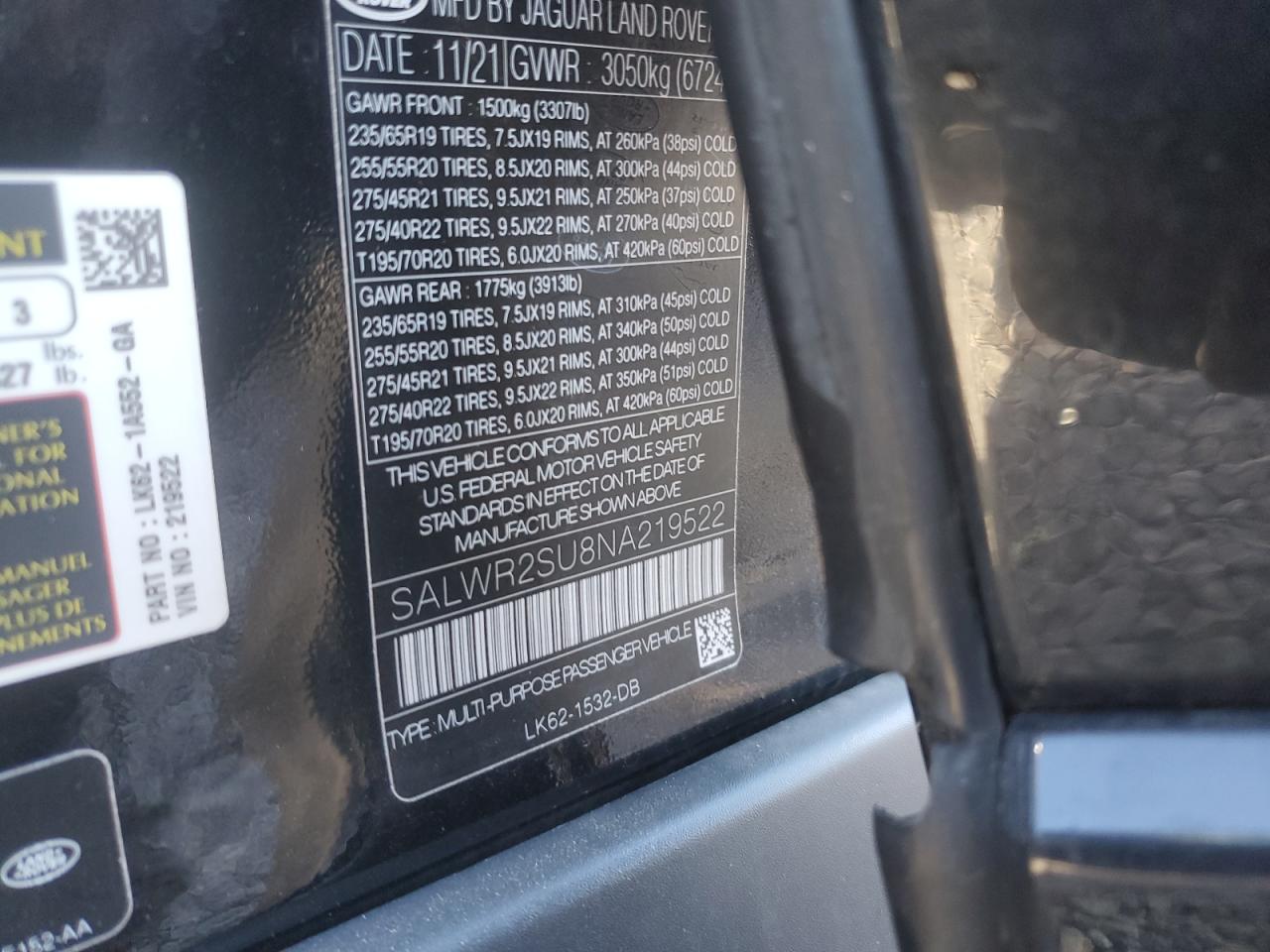 2022 LAND ROVER RANGE ROVER SPORT HSE SILVER EDITION VIN:SALWR2SU8NA219522