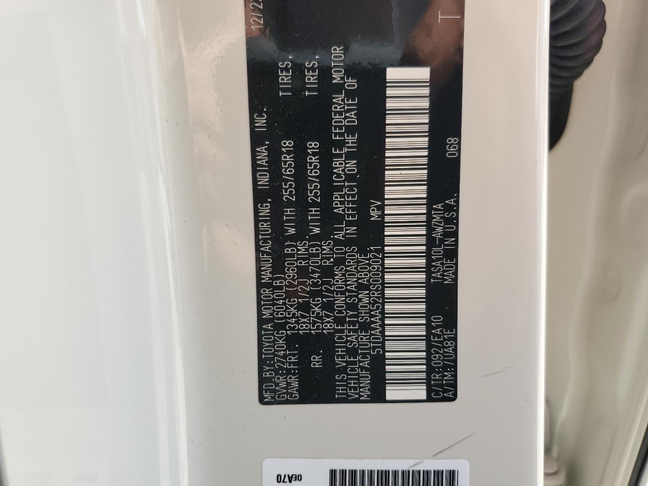 2024 TOYOTA GRAND HIGHLANDER XLE VIN:5TDAAAA52RS009021