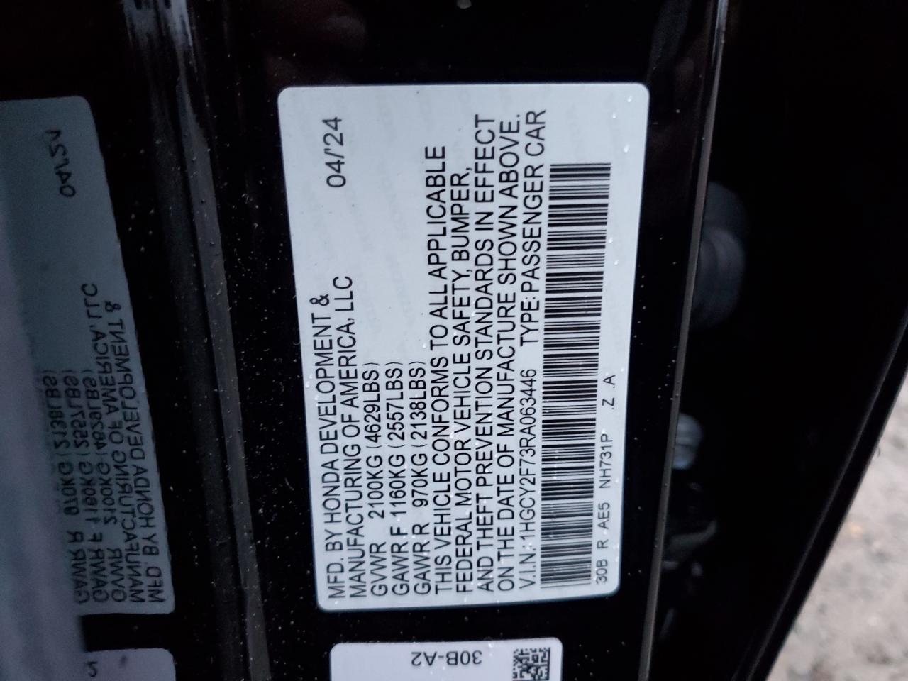 2024 HONDA ACCORD HYBRID SPORT-L VIN:1HGCY2F73RA063446