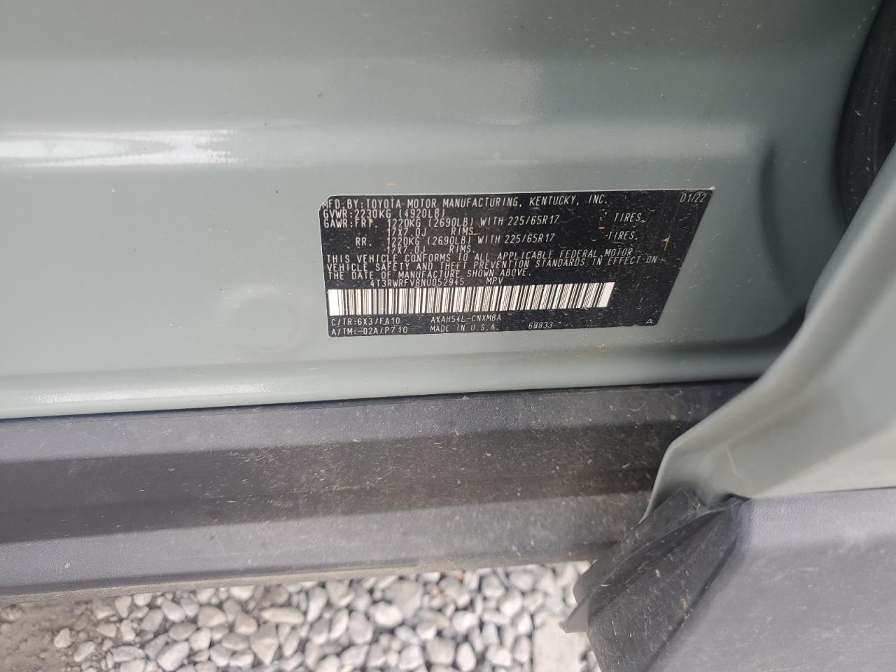 2022 TOYOTA RAV4 XLE VIN:4T3RWRFV8NU052945