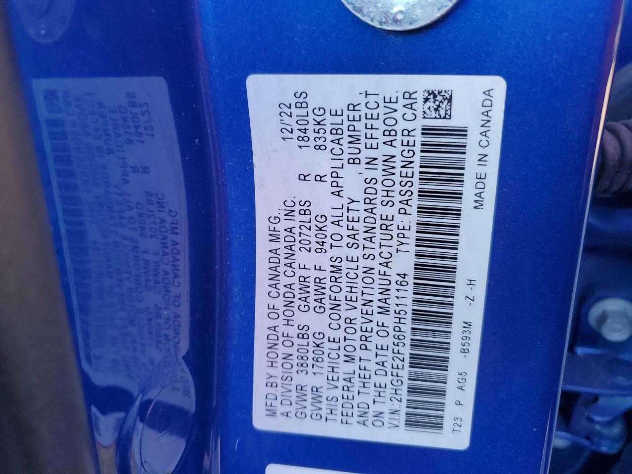 2023 HONDA CIVIC SPORT VIN:2HGFE2F56PH511164