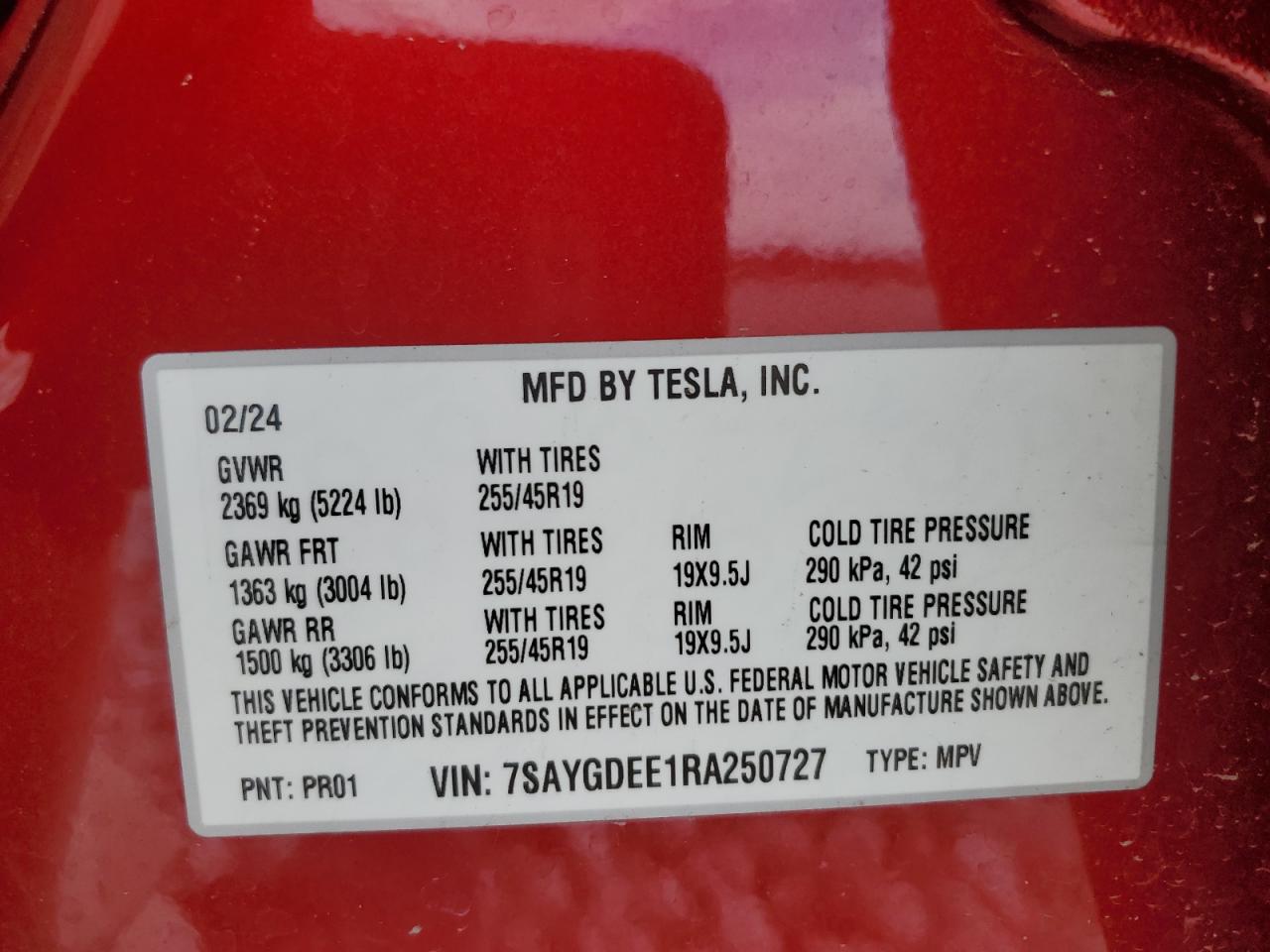 2024 TESLA MODEL Y VIN:7SAYGDEE1RA250727