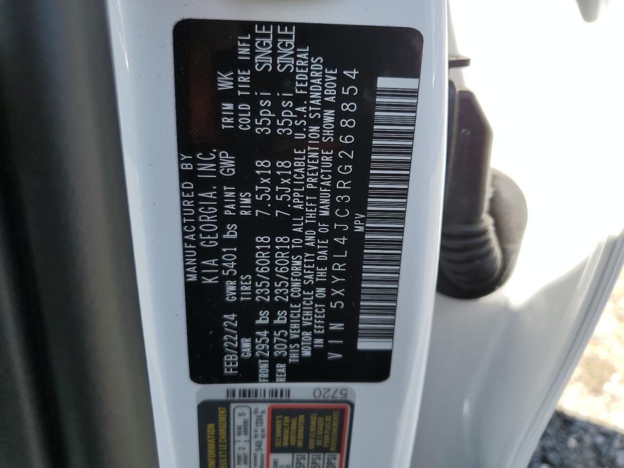 2024 KIA SORENTO S VIN:5XYRL4JC3RG268854