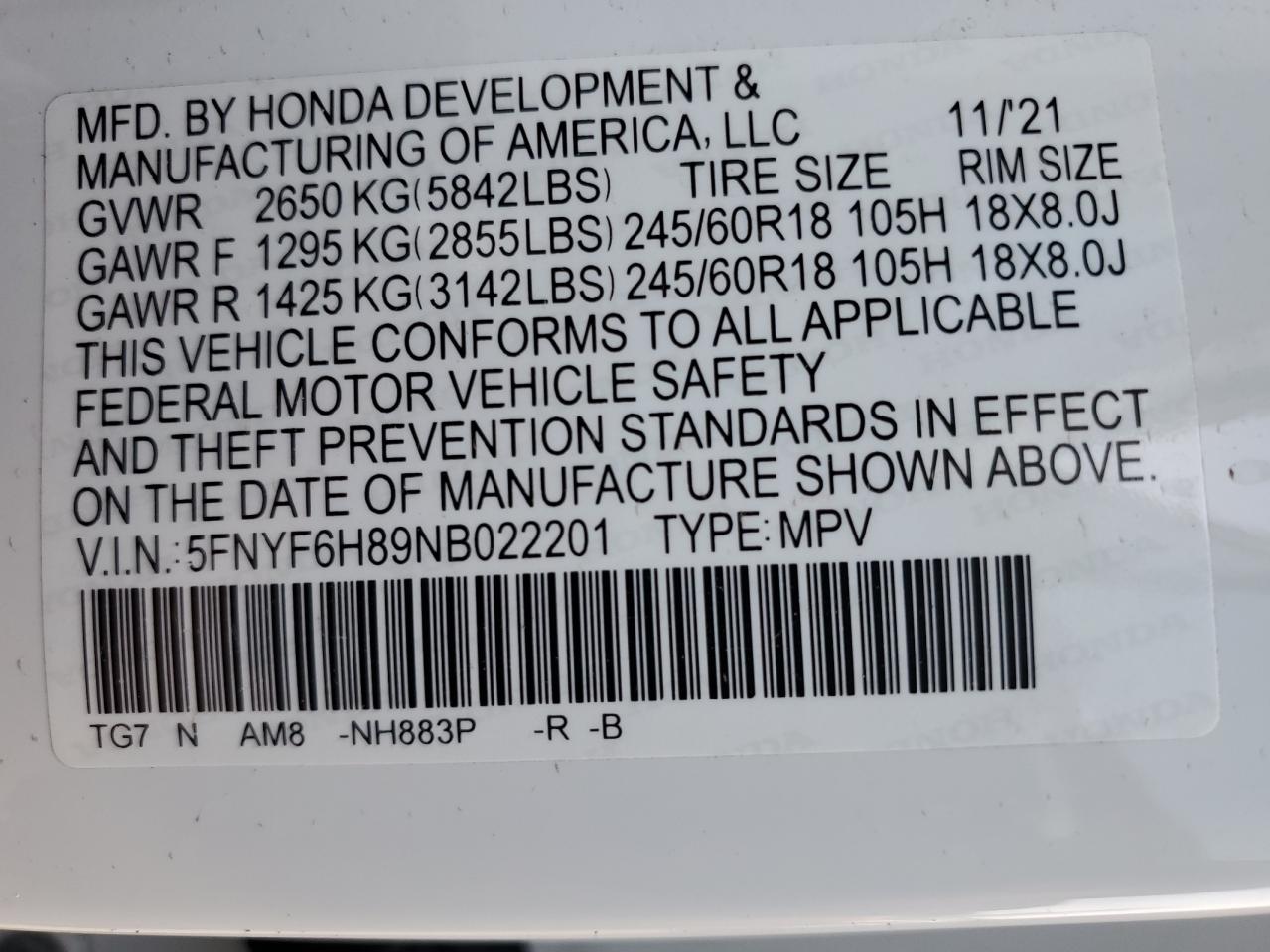 2022 HONDA PILOT TRAILSPORT VIN:5FNYF6H89NB022201