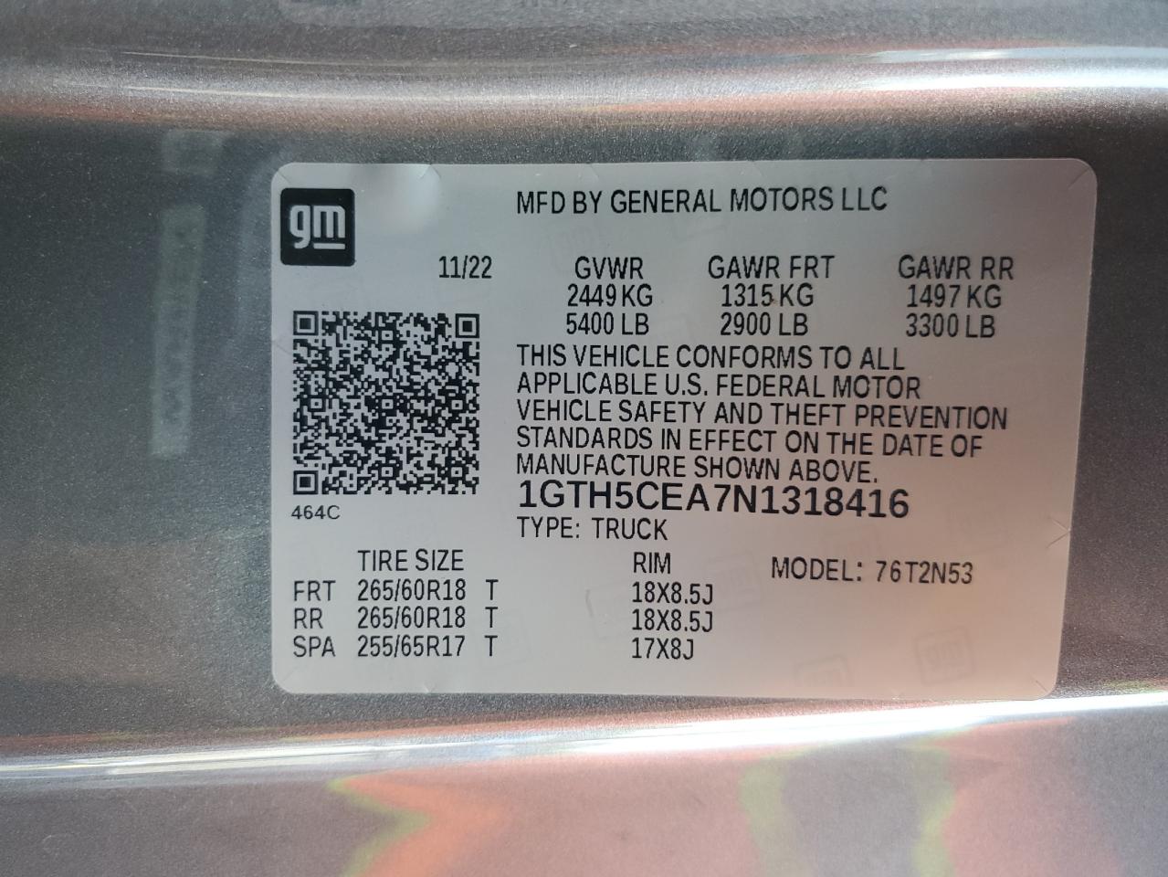 2022 GMC CANYON ELEVATION VIN:1GTH5CEA7N1318416