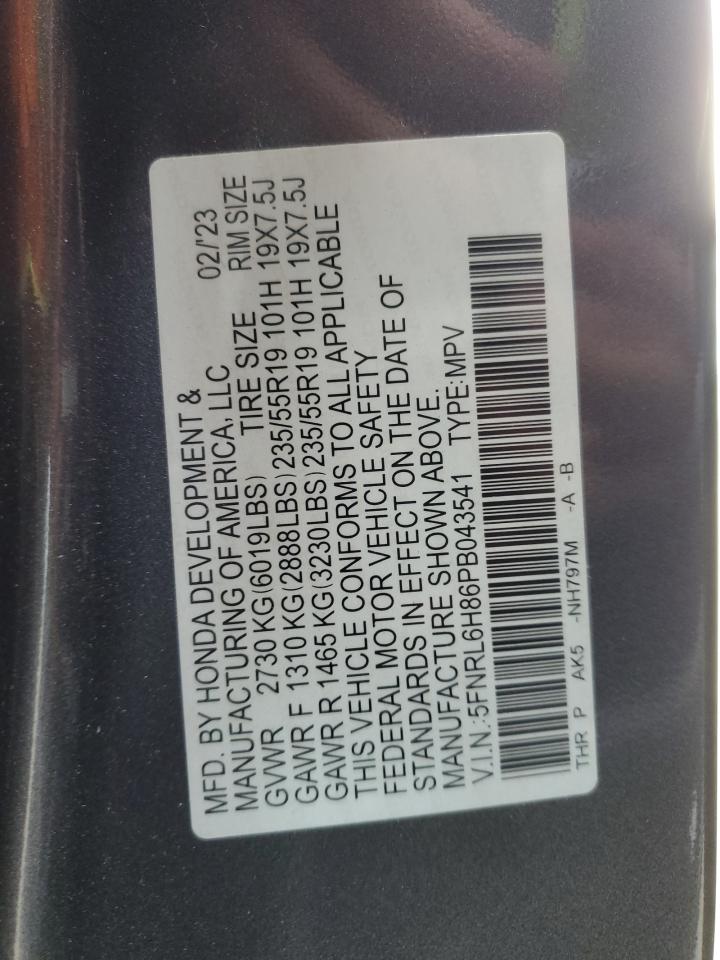 2023 HONDA ODYSSEY TOURING VIN:5FNRL6H86PB043541
