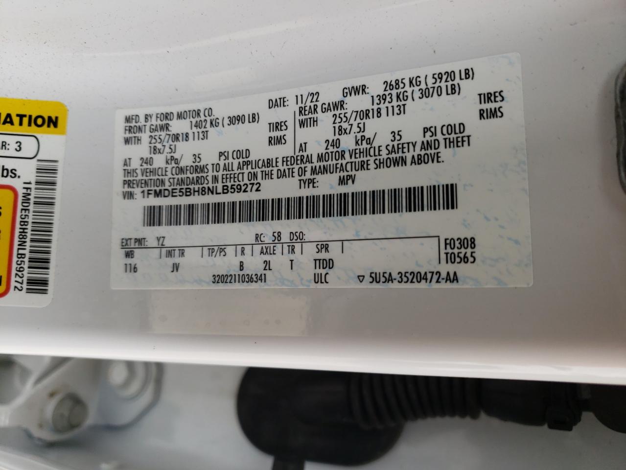 2022 FORD BRONCO BASE VIN:1FMDE5BH8NLB59272