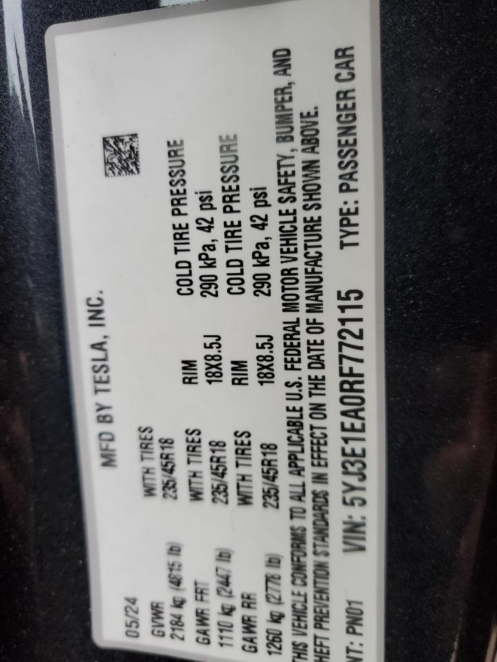 2024 TESLA MODEL 3 VIN:5YJ3E1EA0RF772115