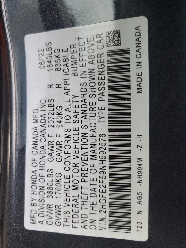 2022 HONDA CIVIC SPORT VIN:2HGFE2F59NH592576