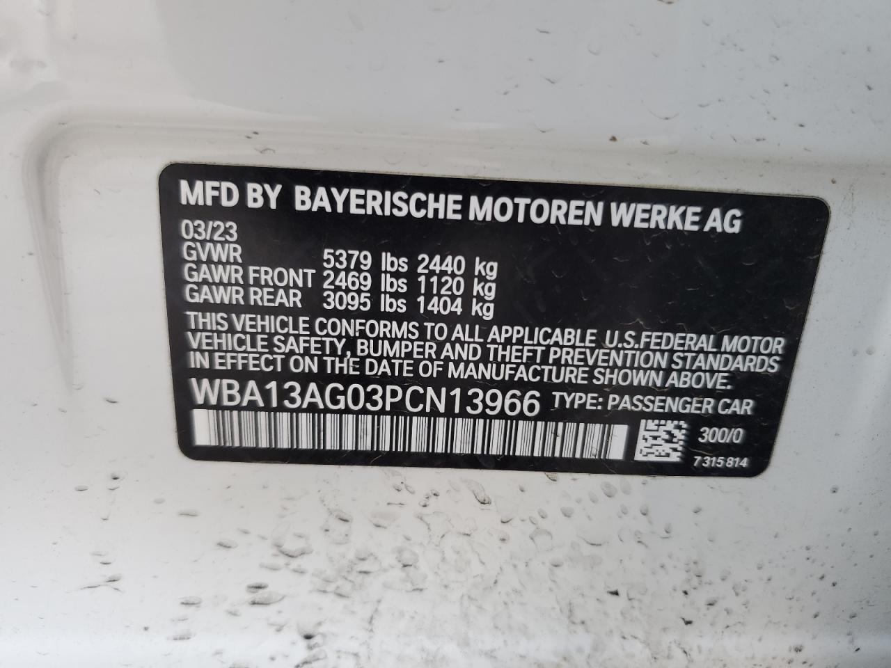 2023 BMW 530E VIN:WBA13AG03PCN13966