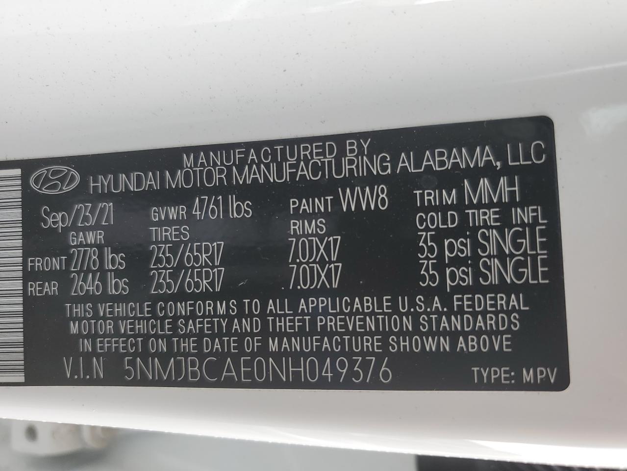 2022 HYUNDAI TUCSON SEL VIN:5F07C328689
