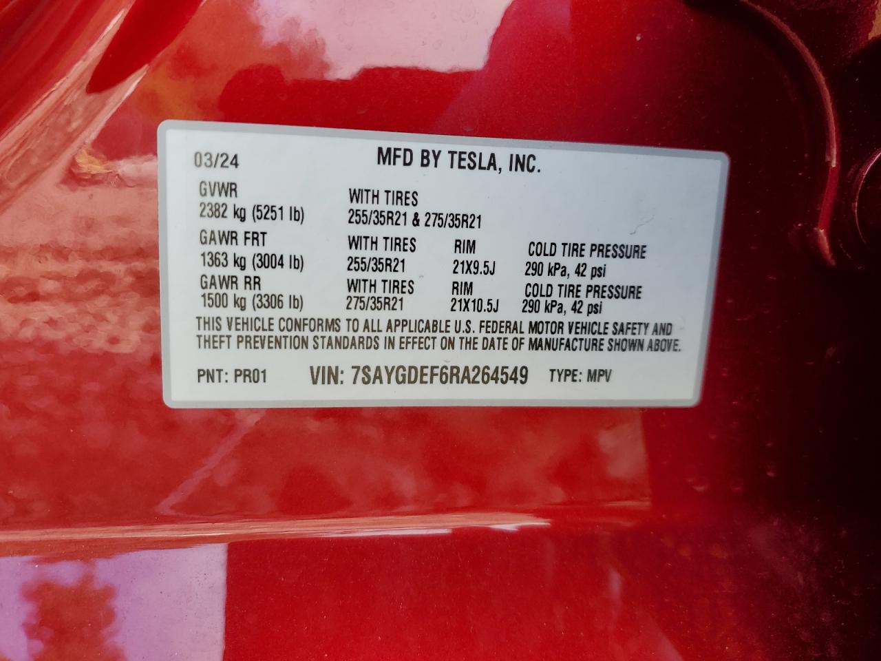 2024 TESLA MODEL Y VIN:7SAYGDEF6RA264549