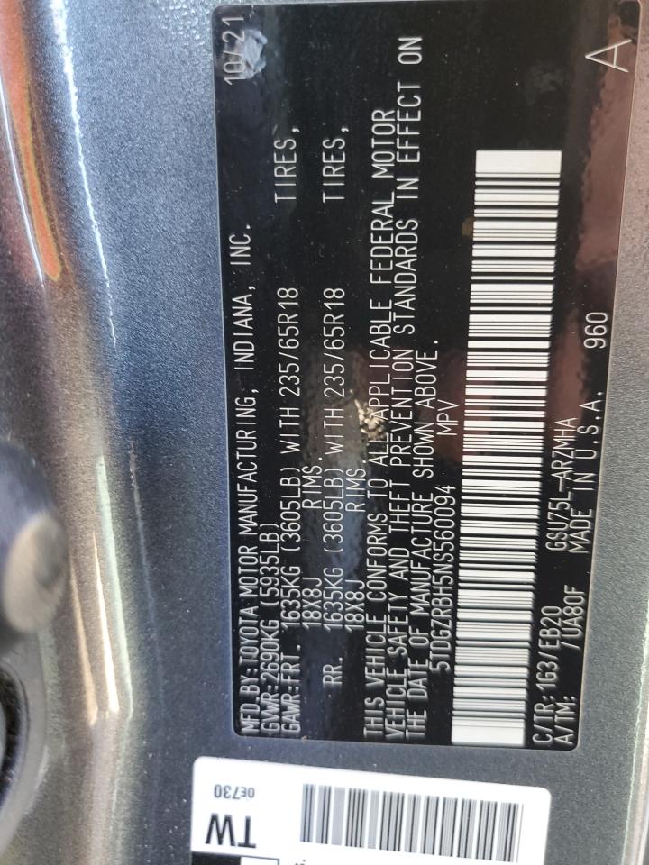 2022 TOYOTA HIGHLANDER XLE VIN:5TDGZRBH5NS560094