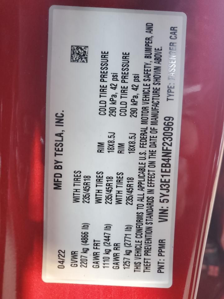2022 TESLA MODEL 3 VIN:5YJ3E1EB4NF230969