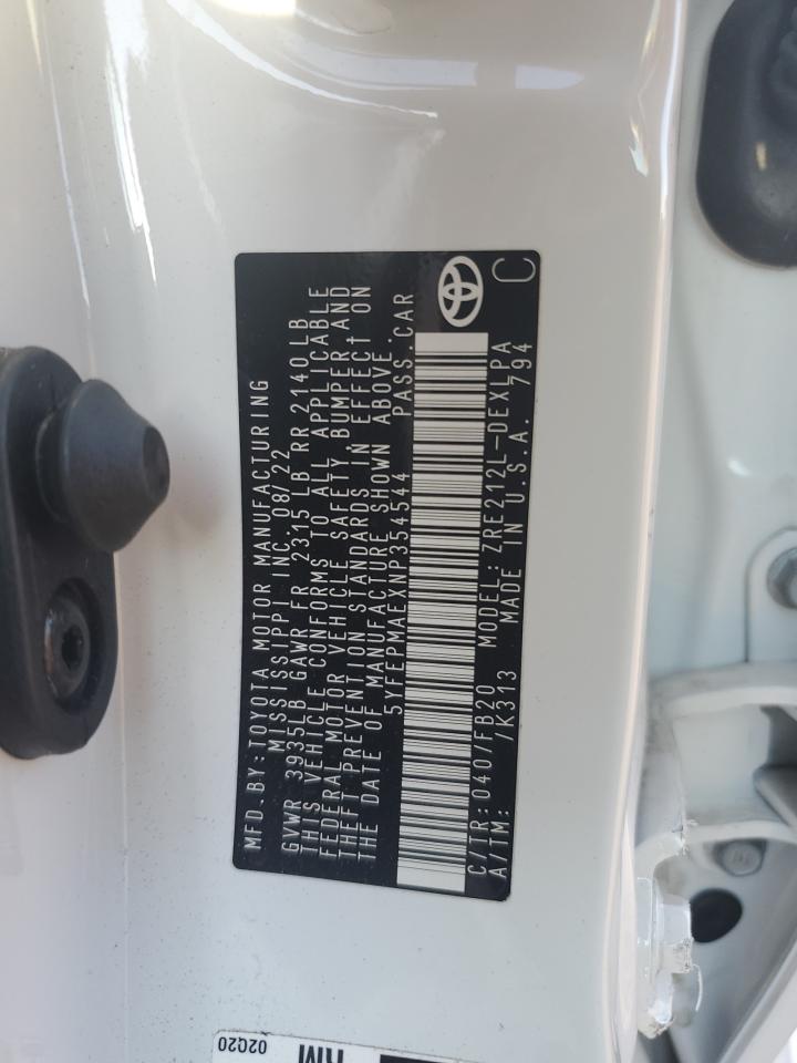 2022 TOYOTA COROLLA LE VIN:5YFEPMAEXNP354544