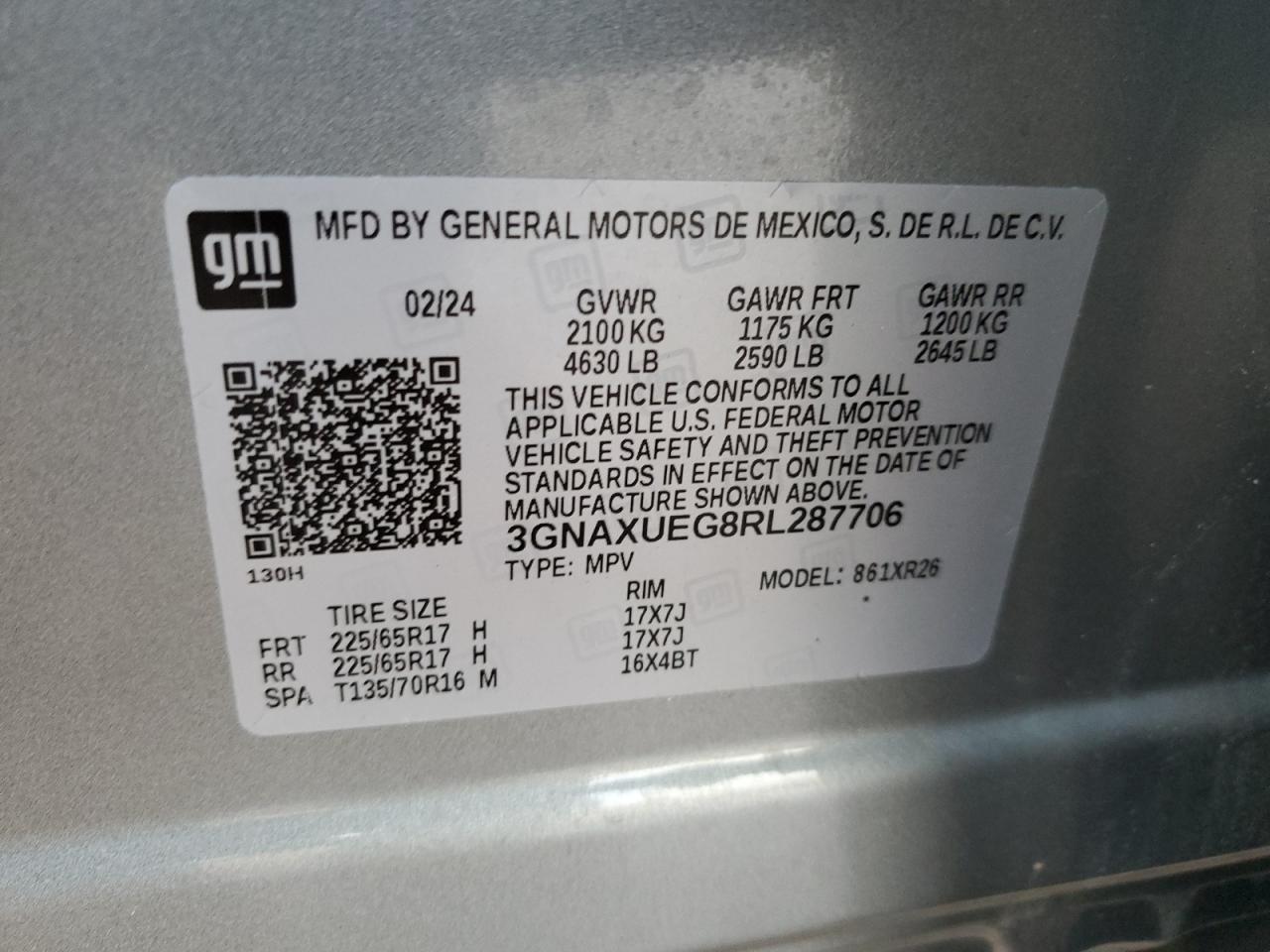2024 CHEVROLET EQUINOX LT VIN:3GNAXUEG8RL287706