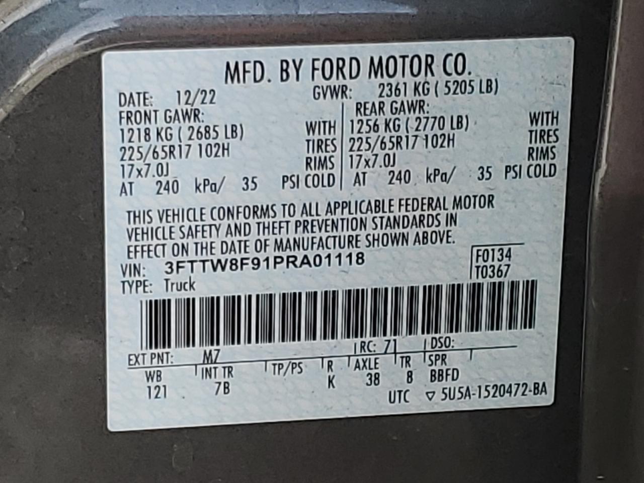 2023 FORD MAVERICK XL VIN:3FTTW8F91PRA01118