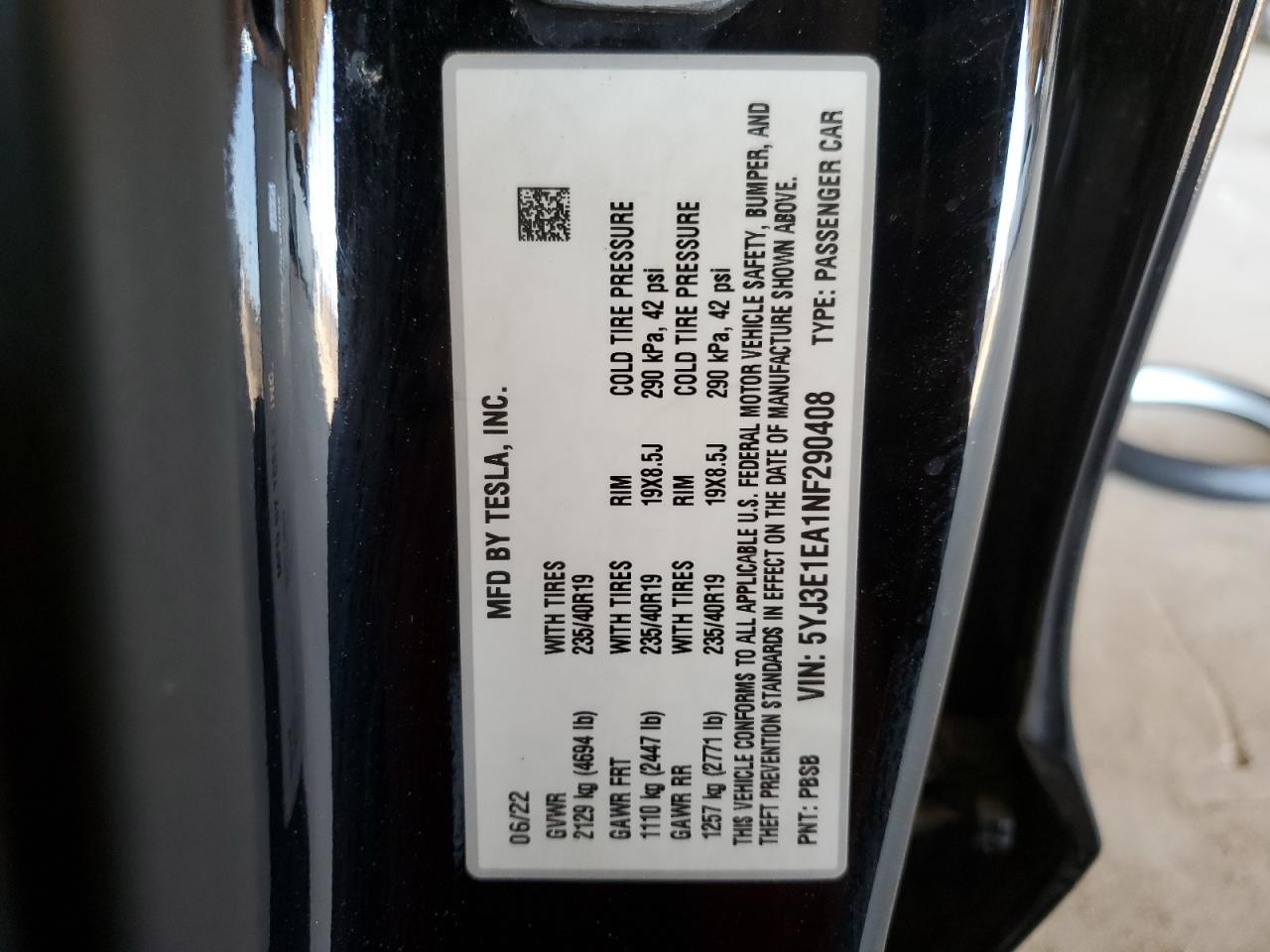 2022 TESLA MODEL 3 VIN:5YJ3E1EA1NF290408