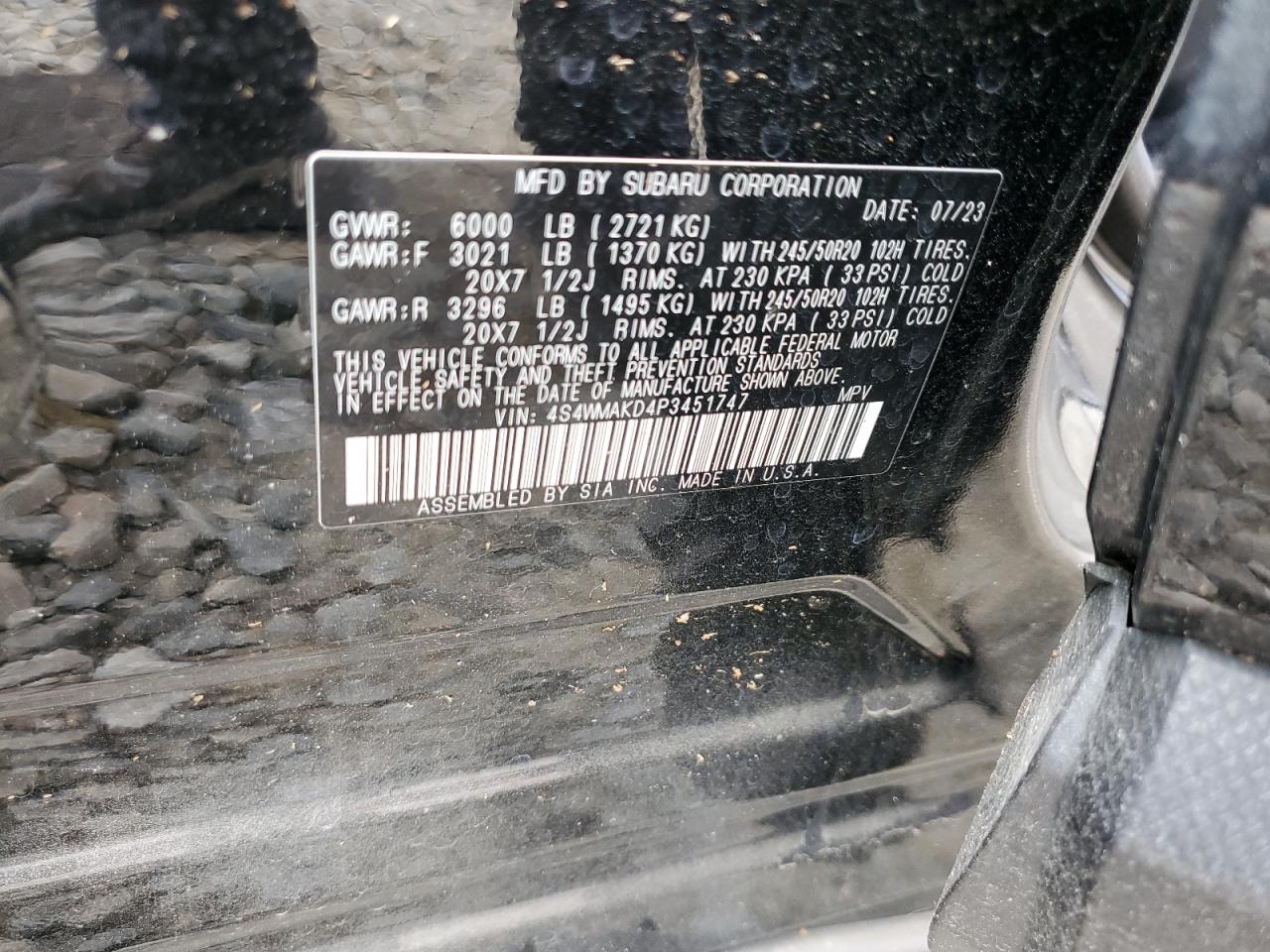2023 SUBARU ASCENT LIMITED VIN:4S4WMAKD4P3451747