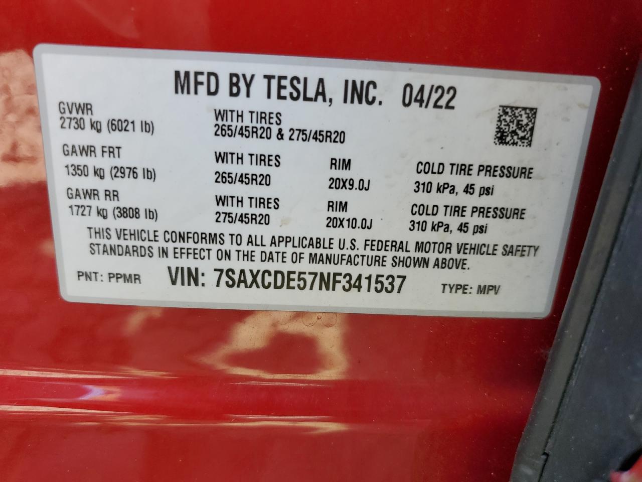 2022 TESLA MODEL X VIN:7SAXCDE57NF341537