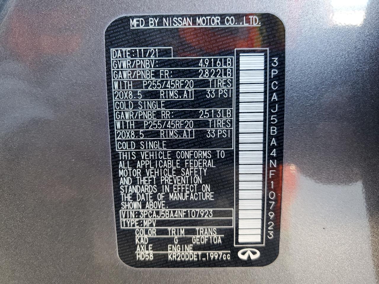2022 INFINITI QX50 LUXE VIN:3PCAJ5BA4NF107923