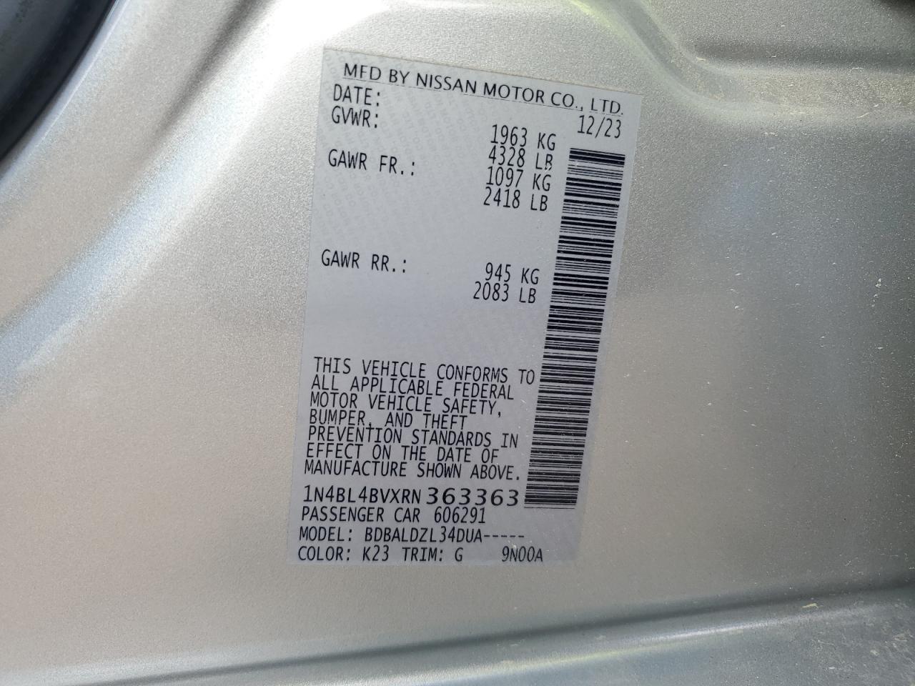 2024 NISSAN ALTIMA S VIN:1N4BL4BVXRN363363
