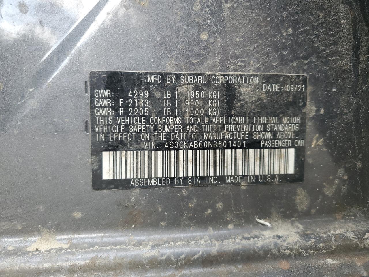 2022 SUBARU IMPREZA VIN:4S3GKAB60N3601401