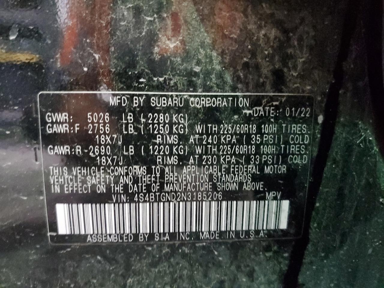 2022 SUBARU OUTBACK LIMITED XT VIN:4S4BTGND2N3185206