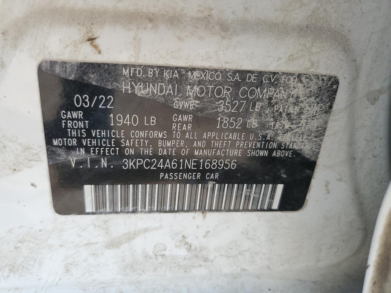 2022 HYUNDAI ACCENT SE VIN:3KPC24A61NE168956