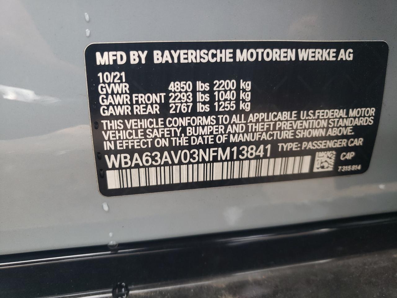 2022 BMW 430I GRAN COUPE VIN:WBA63AV03NFM13841