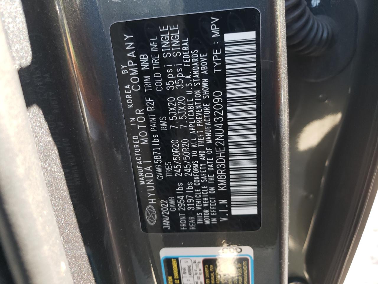 2022 HYUNDAI PALISADE SEL VIN:KM8R3DHE2NU432090