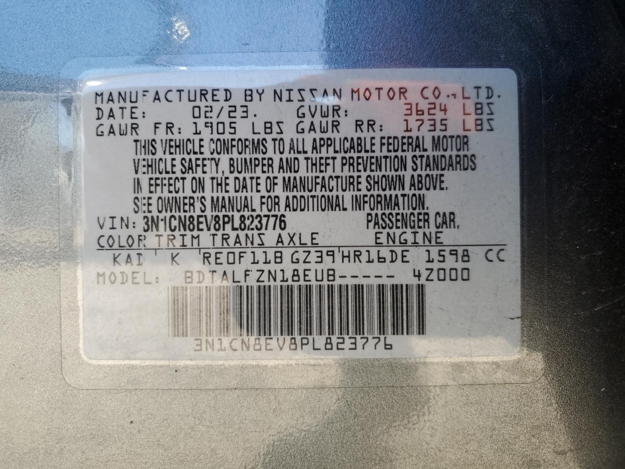 2023 NISSAN VERSA SV VIN:3N1CN8EV8PL823776