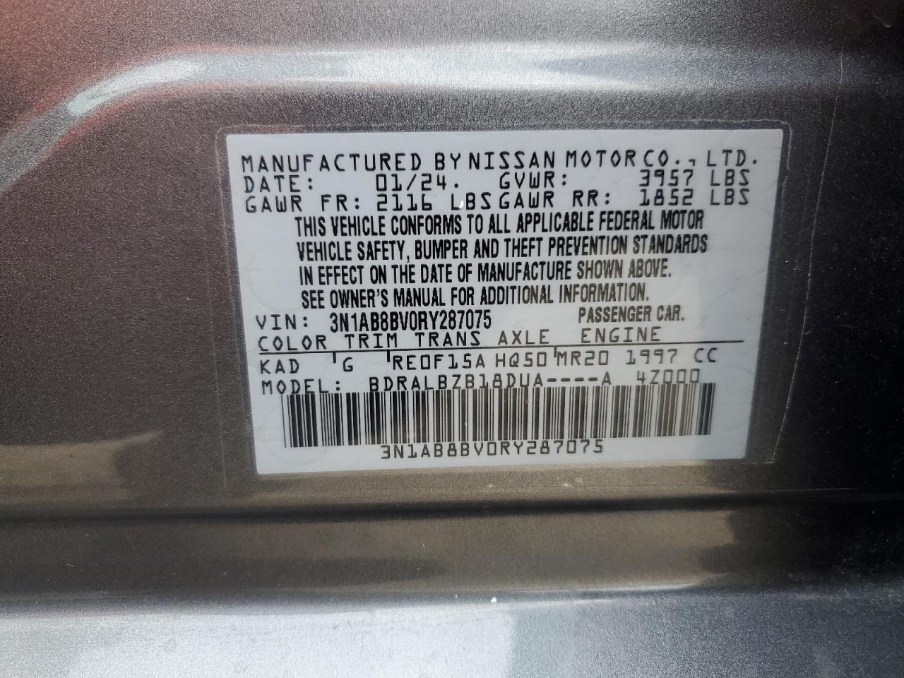 2024 NISSAN SENTRA S VIN:3N1AB8BV0RY287075