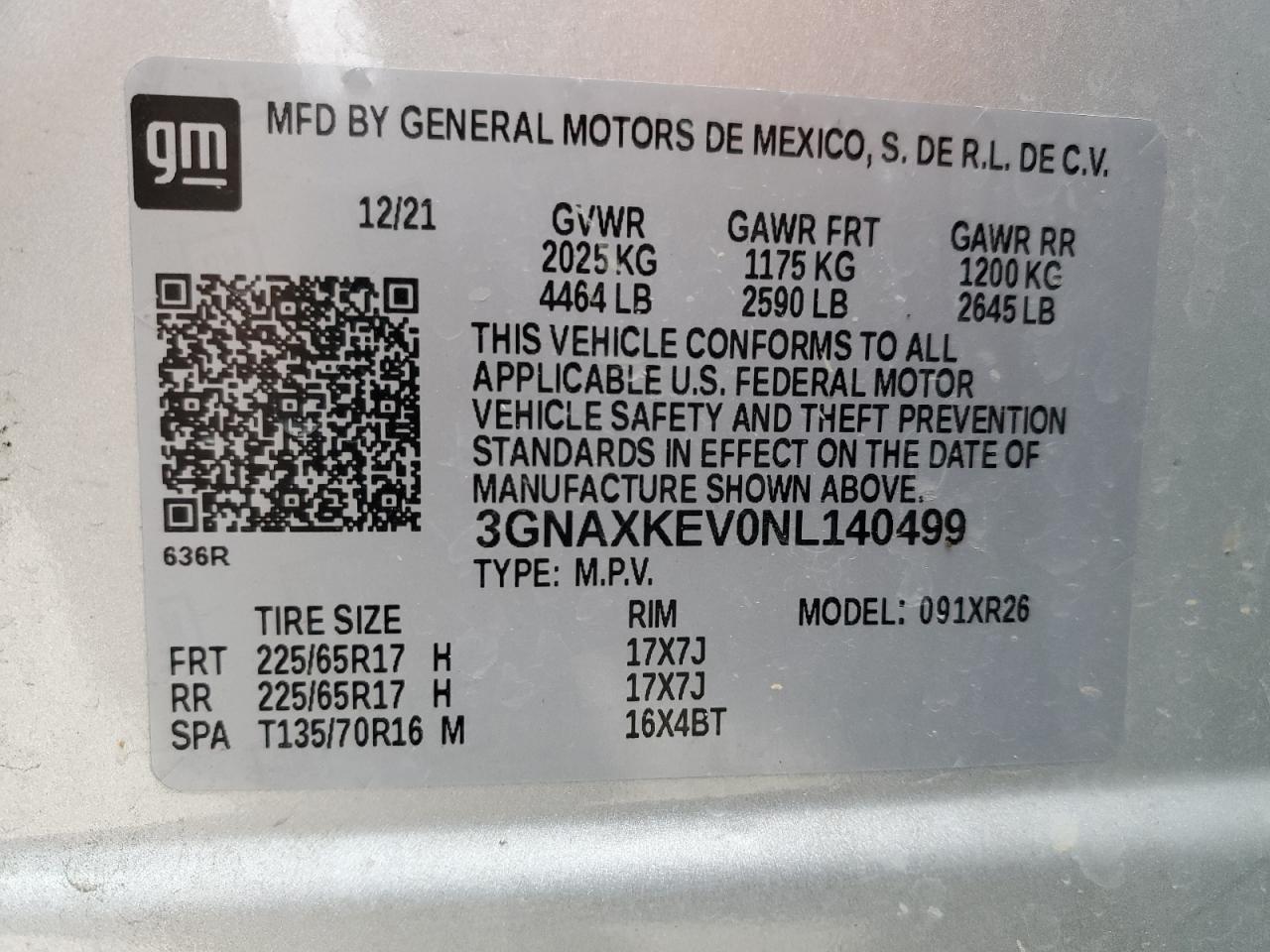 2022 CHEVROLET EQUINOX LT VIN:3GNAXKEV0NL140499