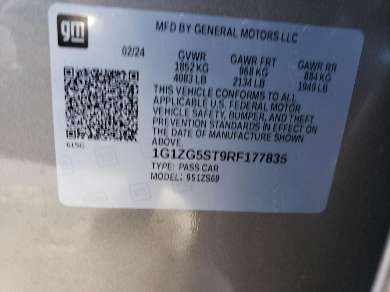 2024 CHEVROLET MALIBU RS VIN:1G1ZG5ST9RF177835